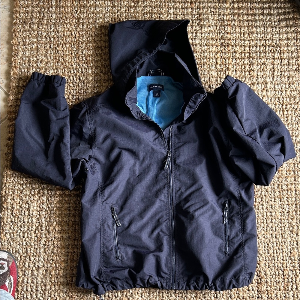 Lands End Kids Navy Hooded Jacket with Blue Lining - Lightweight